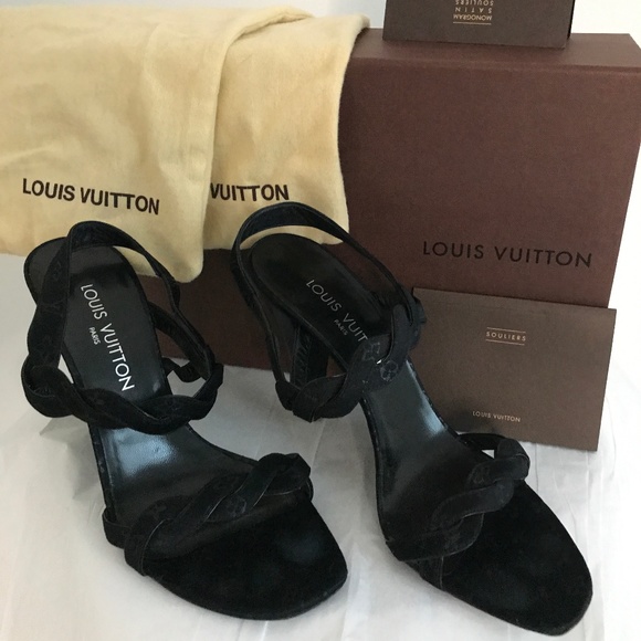 Louis Vuitton Vintage Black Satin Logo Sandals | Size 38.5 | 4.5” Heels + Box - Picture 8 of 11